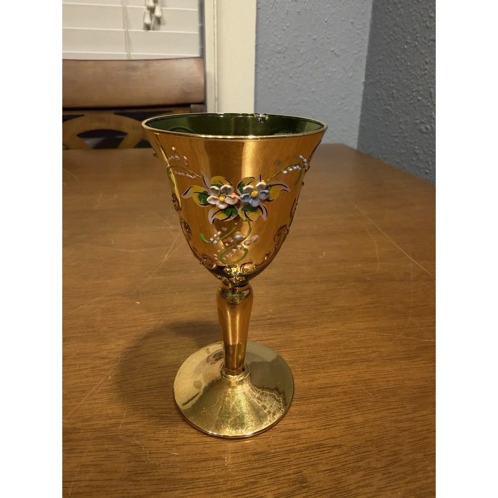 Lot Of 5 Vintage Handmade Murano Multi Color Gold Tre Fuochi Cordial Glasses